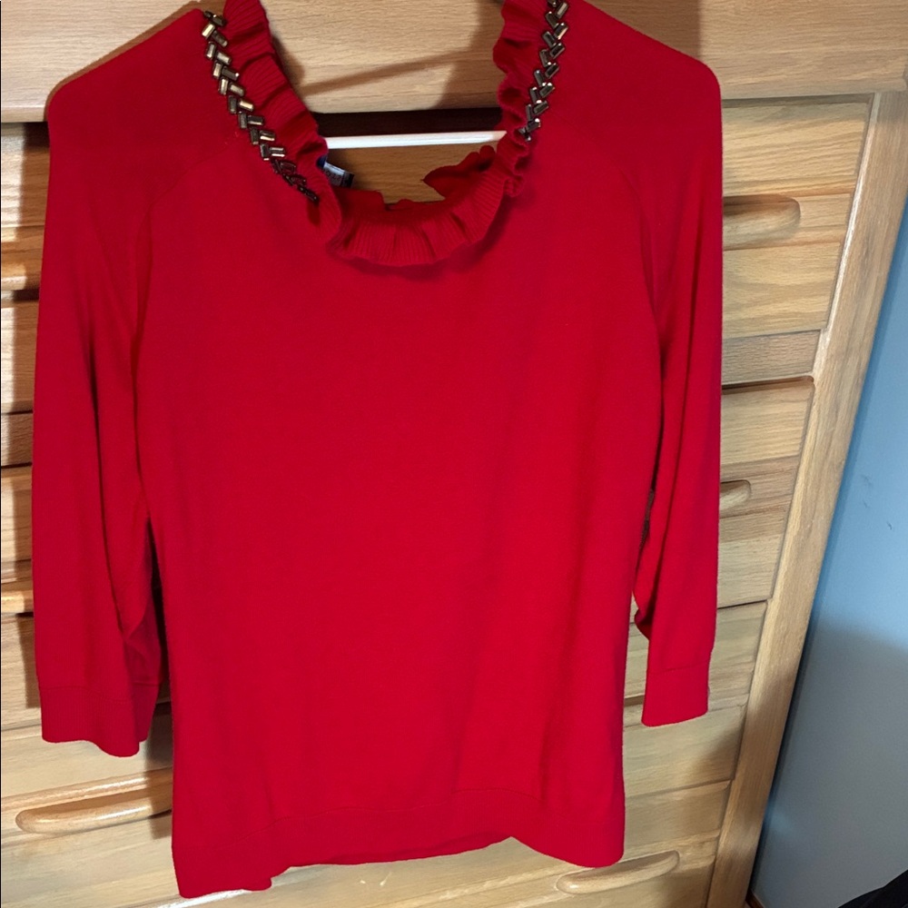 Talbots RSVP Red Ruffled Neck sweater Top with Chain Bead Detail 2X 3/4 sleeves